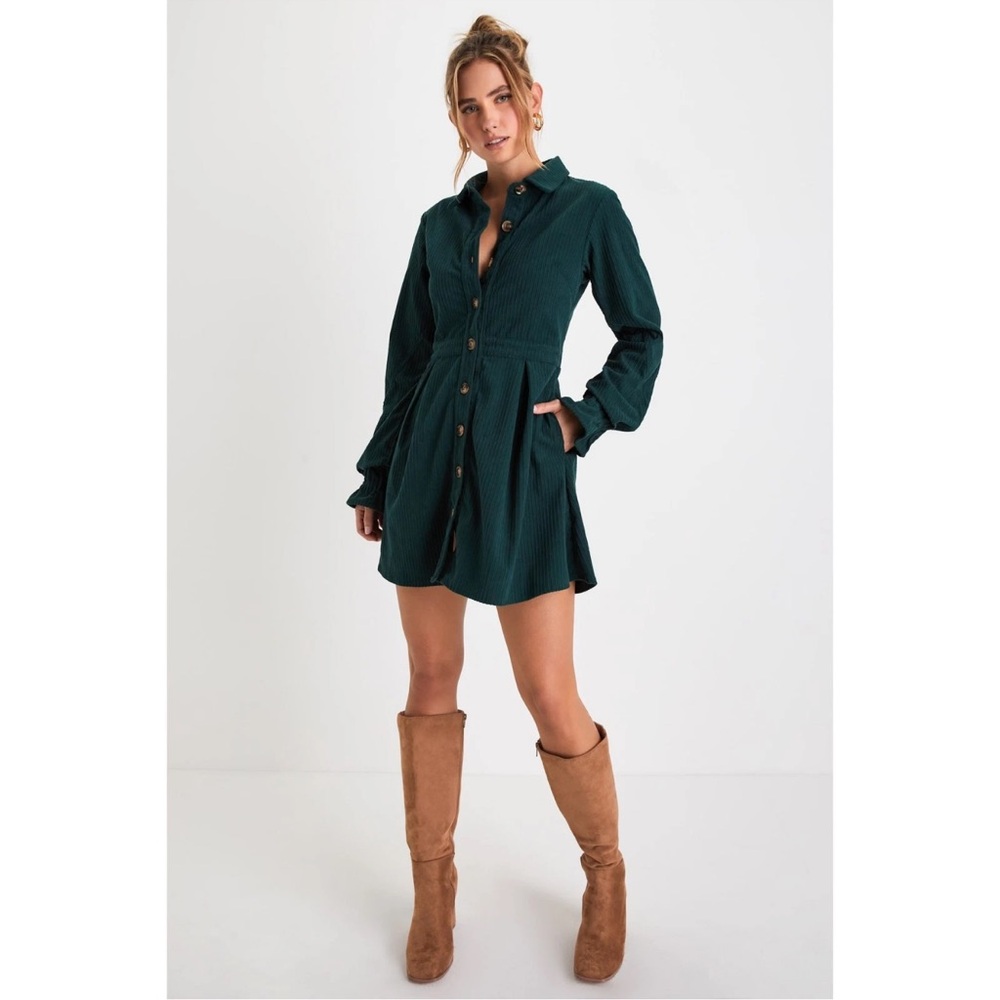Lulu's Forest Green corduroy Long Sleeve Dress NWT